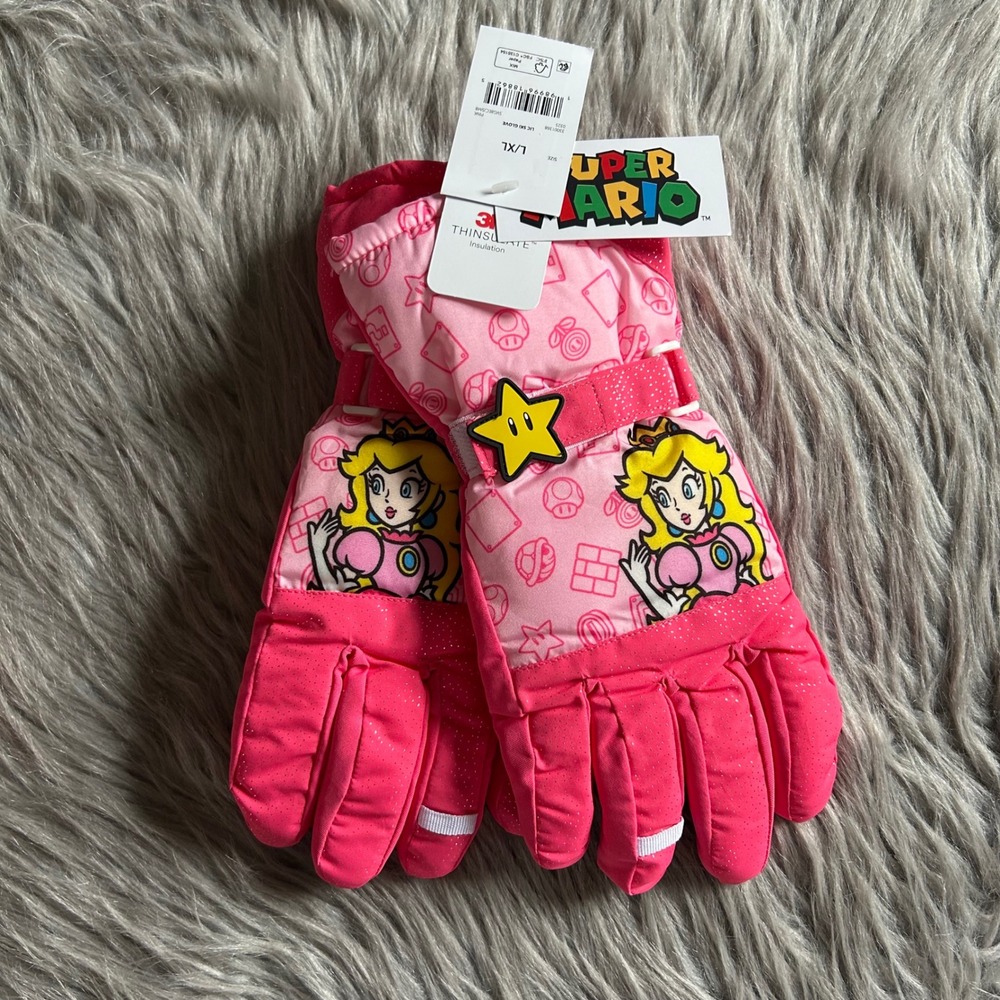 Nintendo Super Mario‎ Snow Ski Gloves Girls Size Large/XL Pink Princess Peach